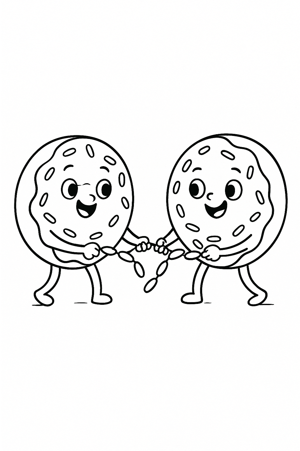 Two donuts having a friendly tug-of-war with a string of colorful sprinkles.