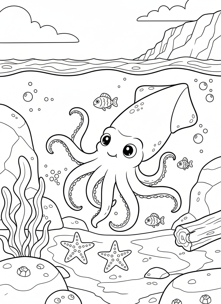 A playful squid swimming near the surface of a tide pool with small fish and starfish below, medium detail coloring page