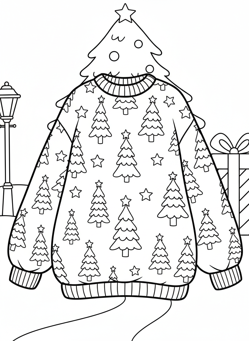 An over-the-top holiday sweater decorated with multiple Christmas trees of varying heights, stars, and wavy trim along the neckline and cuffs.