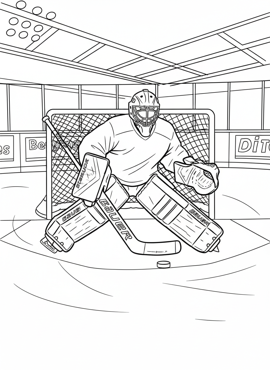 An ice hockey goalie in protective gear crouching in front of a net, ready to block a shot with a large glove and stick.