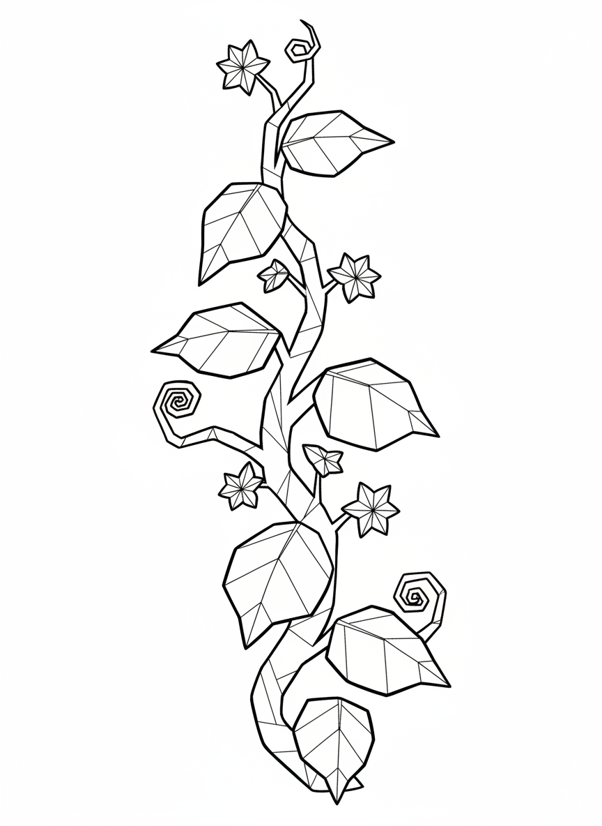 An origami vine with climbing tendrils, geometric leaves at intervals, small folded flowers blooming along the stem, vertical layout.