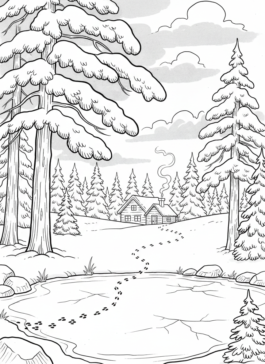 A cozy winter scene with snow covering pine trees, a frozen pond, and animal tracks in the snow under gray winter clouds.