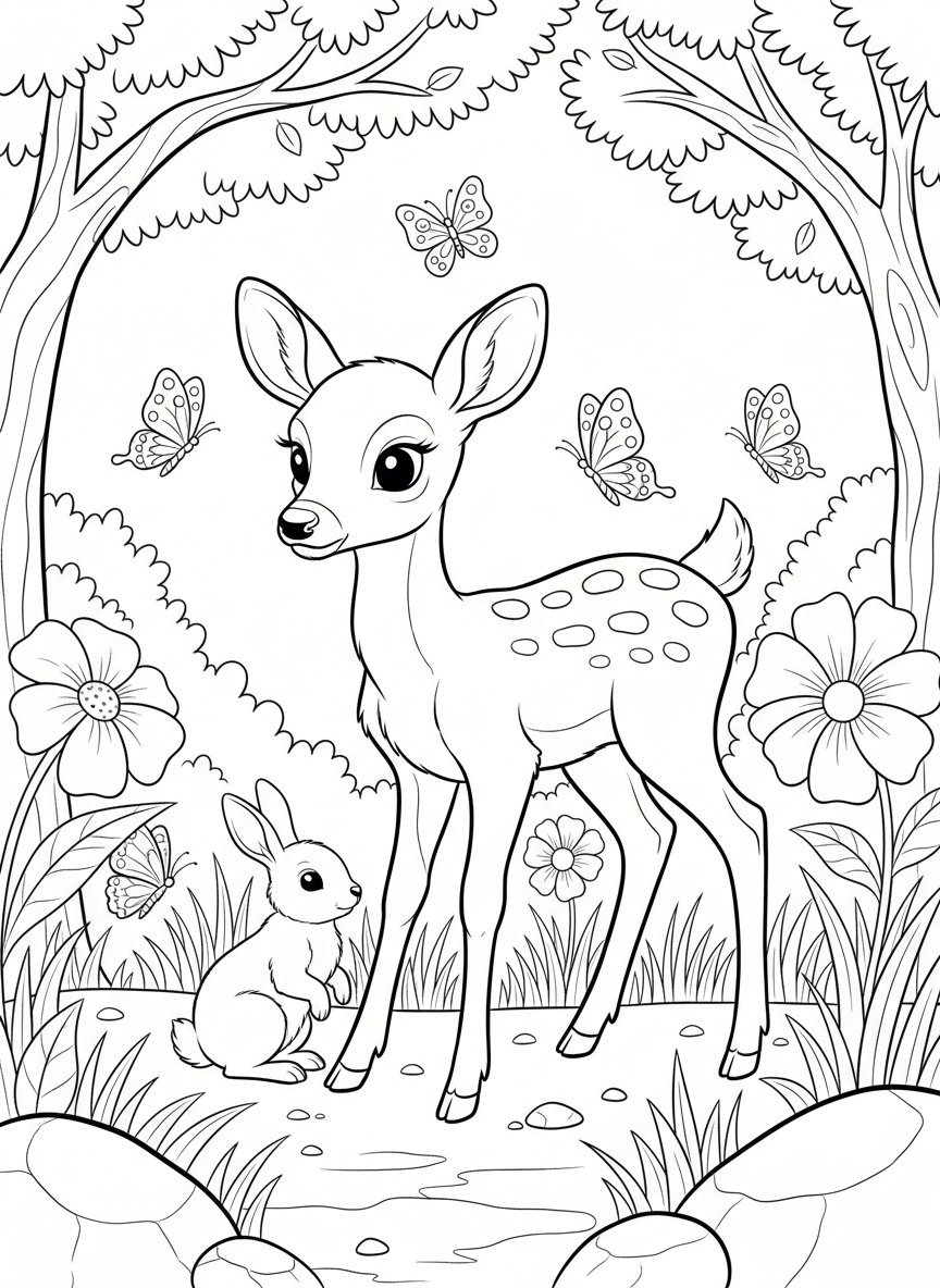 A young deer with spots standing in a forest meadow with butterflies, flowers, and his rabbit friend nearby