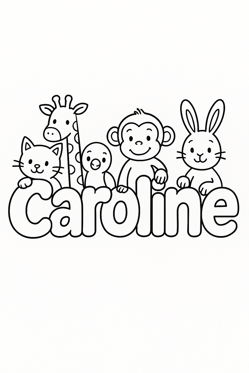 The name “Caroline” in bubble letters with cartoon animals peeking out of each letter. make the name all on one line, capitalize only the first letter
