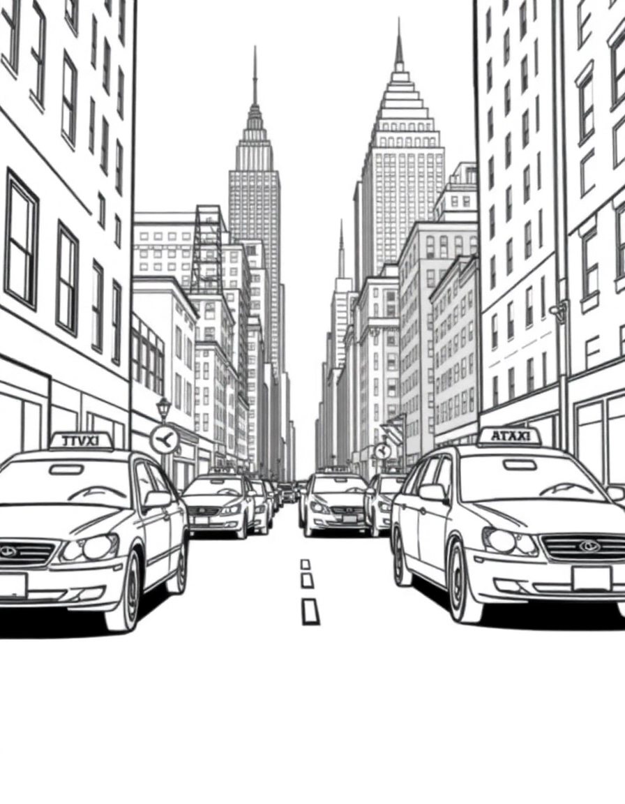 taxi cabs driving down the narrow streets of new york city with tall sky scrapers all around