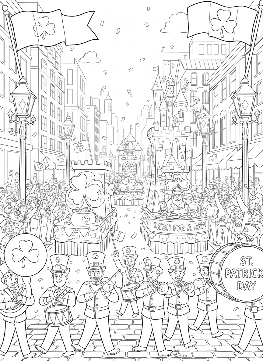 Saint Patrick Parade coloring page prompts featuring marching bands, festive floats, green costumes, and lively crowds.	A wide view of the parade stretching down the avenue, flags waving and festive energy filling the air.