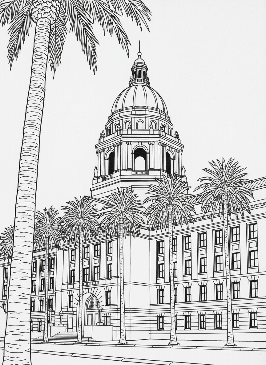 The historic San Jose City Hall building with its distinctive dome and palm trees in front, architectural coloring page