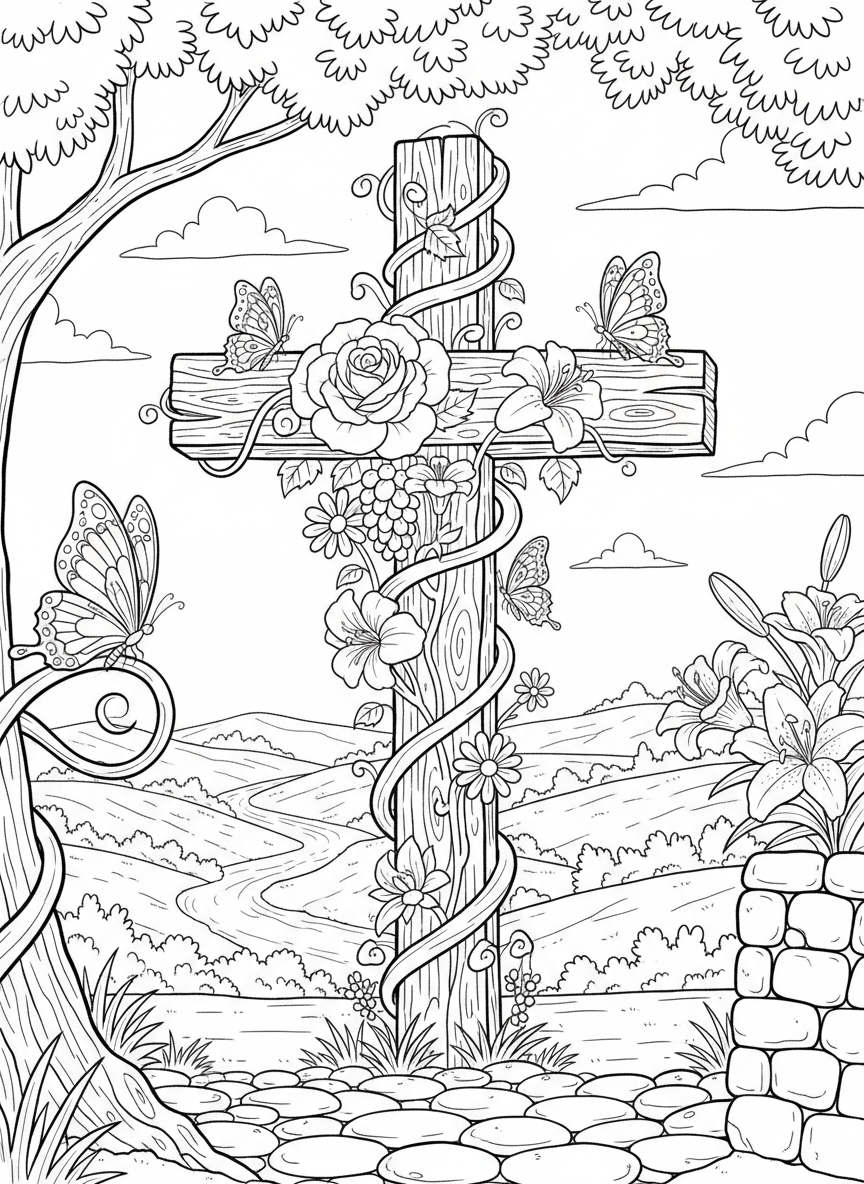 A simple Easter cross decorated with flowers, vines, and butterflies in a peaceful outdoor setting