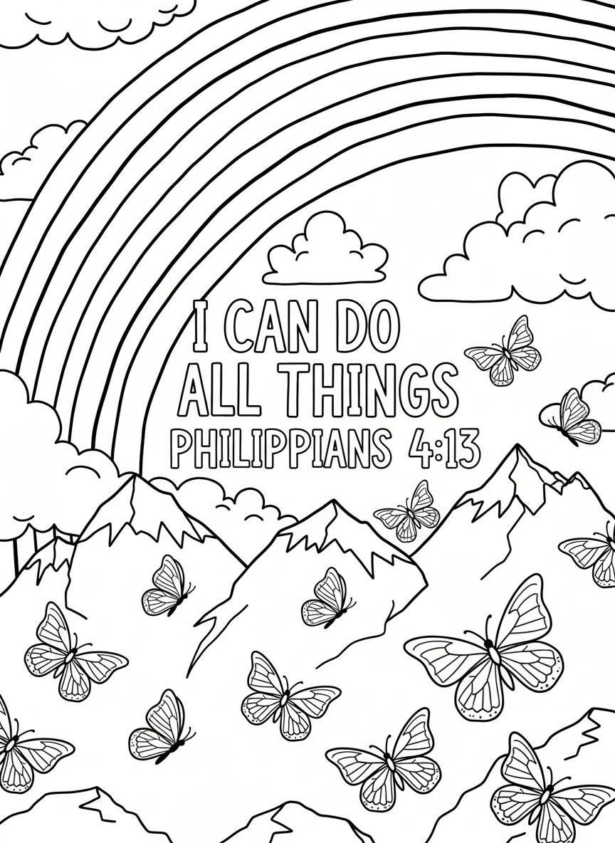 A rainbow arching over mountains and clouds, with butterflies flying nearby and 'I Can Do All Things Philippians 4:13' written below