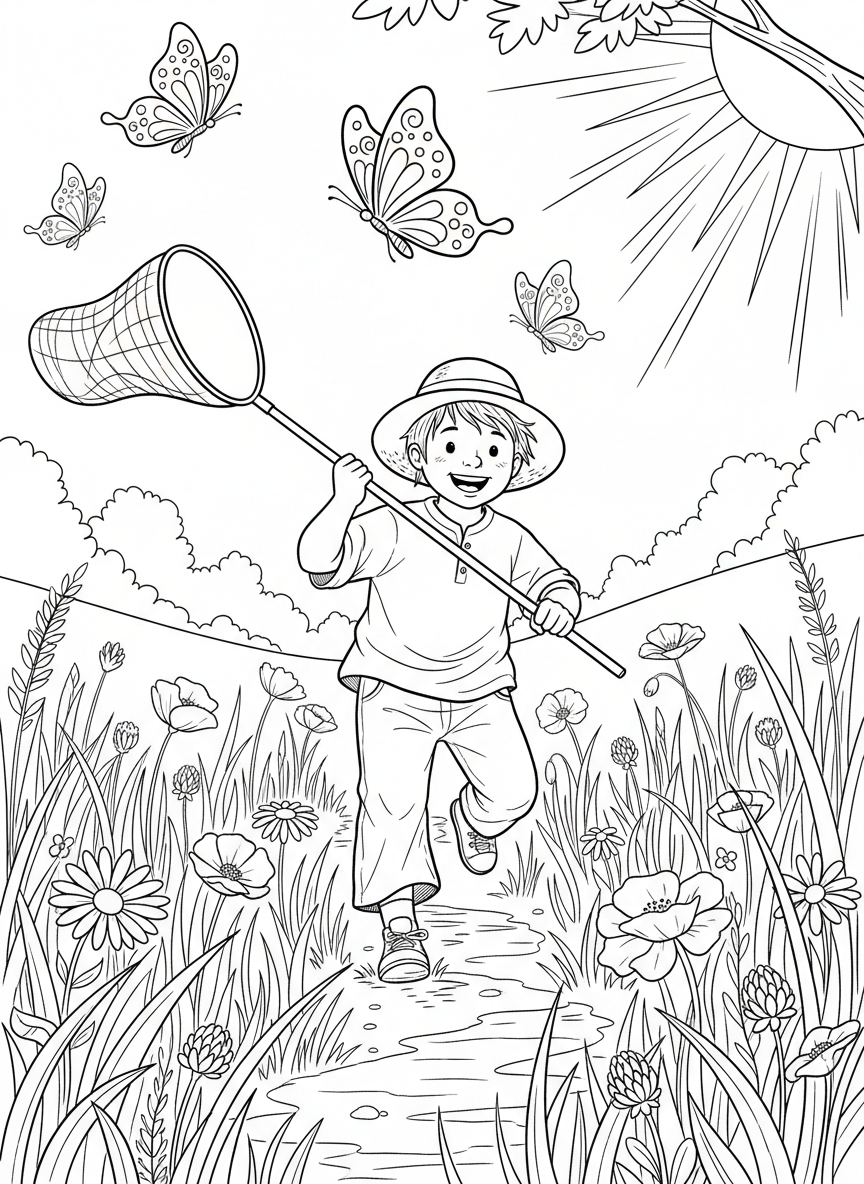 A child catching butterflies with a net in a sunny meadow filled with wildflowers and tall grass