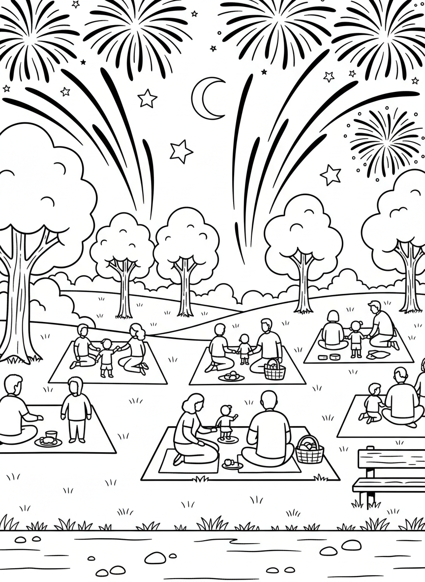 Fireworks bursting in the night sky above a park where families sit on blankets watching the display.