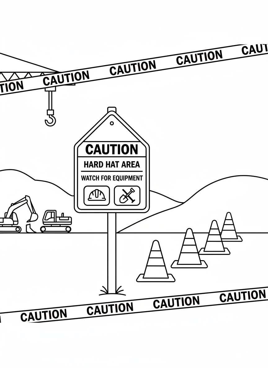 A construction site safety sign and traffic cones arranged in a row, with a caution tape border, simple shapes for young children.