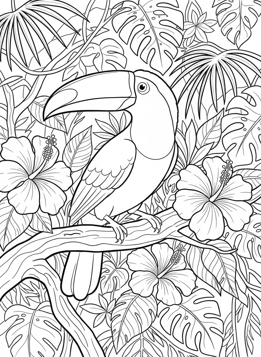 A colorful toucan bird sitting on a branch with tropical hibiscus flowers blooming all around in a jungle canopy setting.
