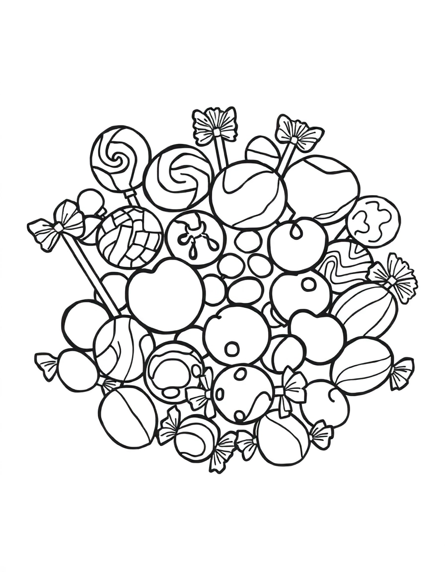 A collection of various candies in different shapes and sizes, including lollipops, jelly beans, and wrapped chocolates.