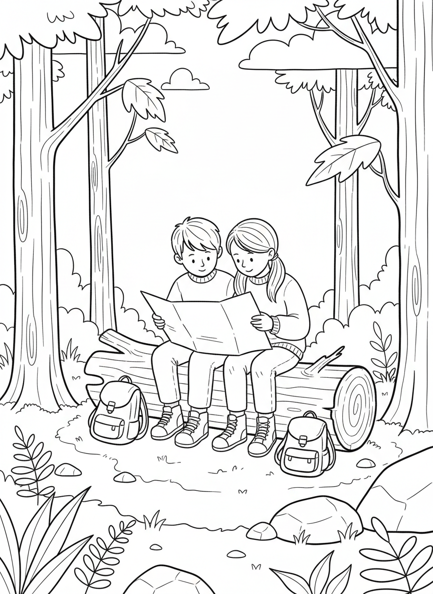 Two kids sitting on a log reading a trail map together, with their backpacks resting beside them in the forest.
