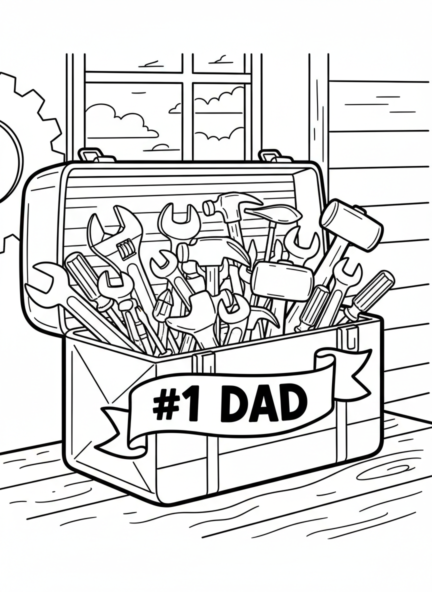 A toolbox overflowing with wrenches, hammers, and screwdrivers, with a '#1 DAD' ribbon banner across the front
