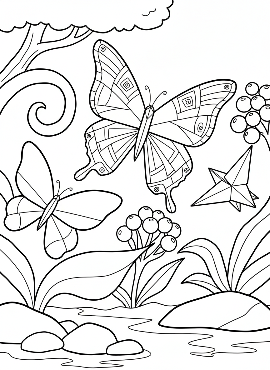 A group of three different origami butterflies in various sizes, showing different wing patterns and fold complexity levels