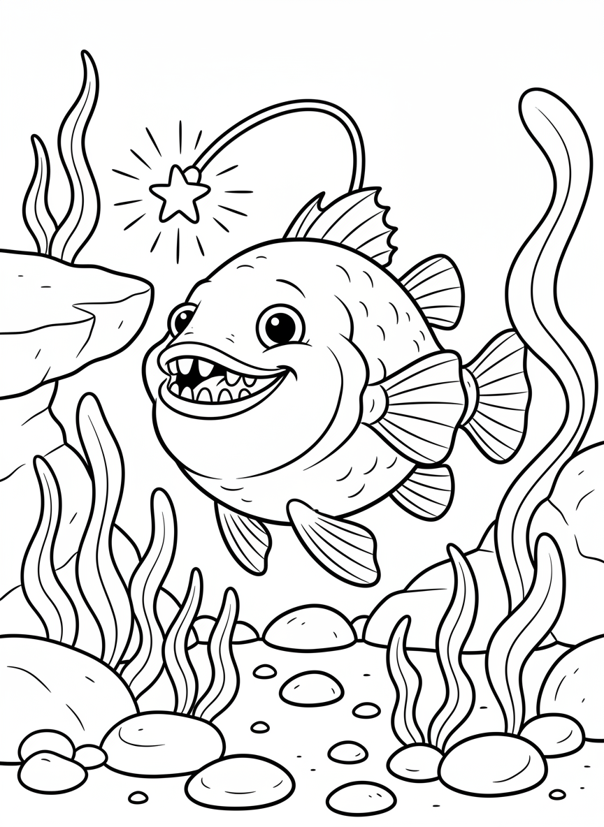 A cute anglerfish with a big smile and a glowing lure dangling from its head, swimming near the ocean floor with small rocks and seaweed around it.