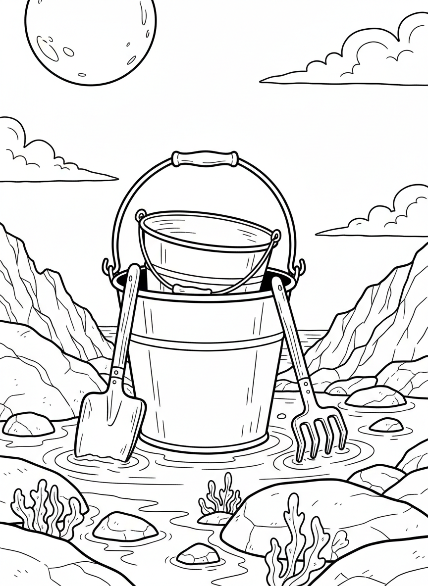 Two buckets of different sizes stacked together, with a small shovel and rake for tide pool digging.