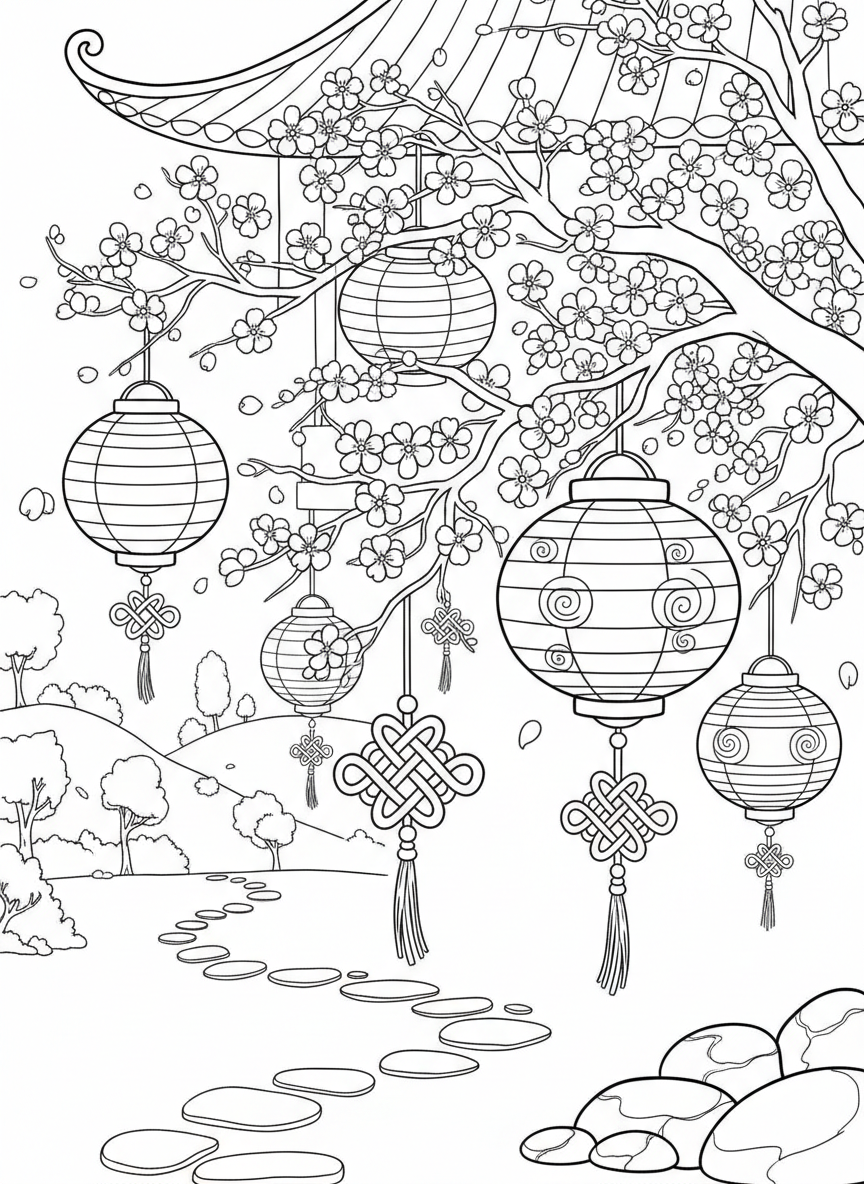 Cherry blossom branches with hanging paper lanterns and lucky knots, peaceful nature scene
