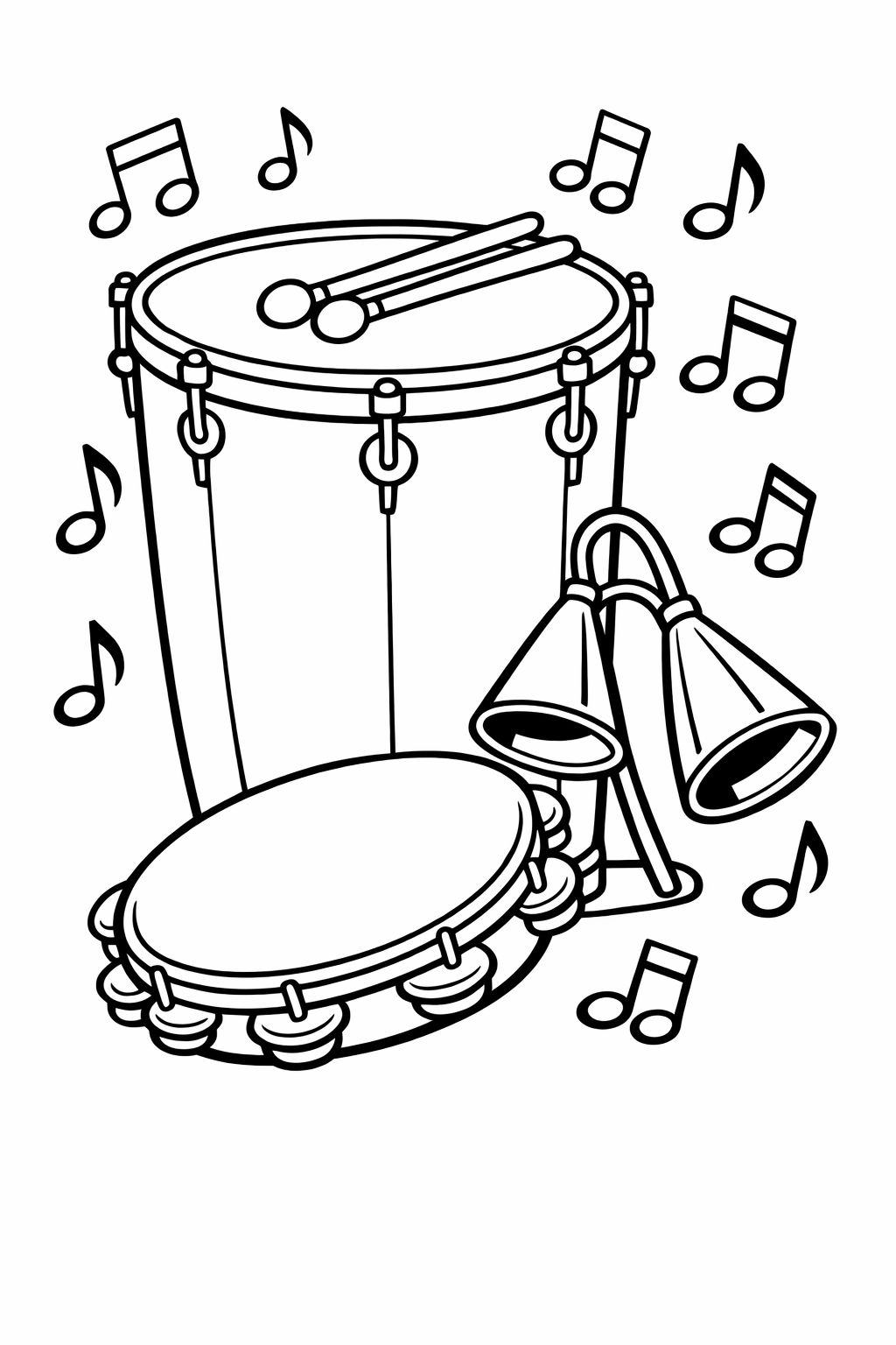 Musical Beats: A collection of traditional Brazilian percussion instruments arranged together: a large surdo drum, a pandeiro (tambourine), and an agogô bell, surrounded by dancing musical notes.