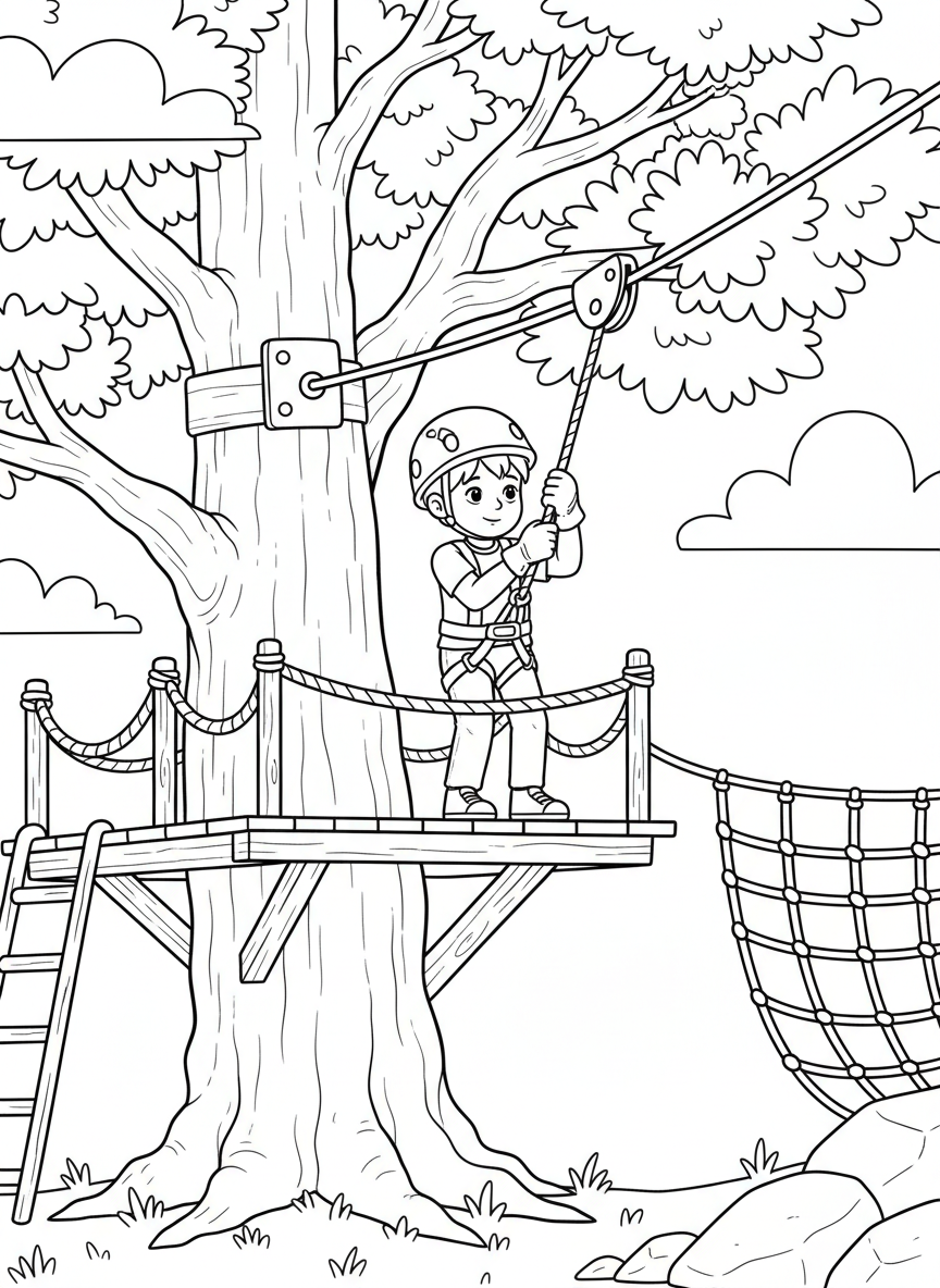 A child wearing a helmet preparing to zip line from a tall treehouse platform, safety equipment clearly visible, encouraging safe play.