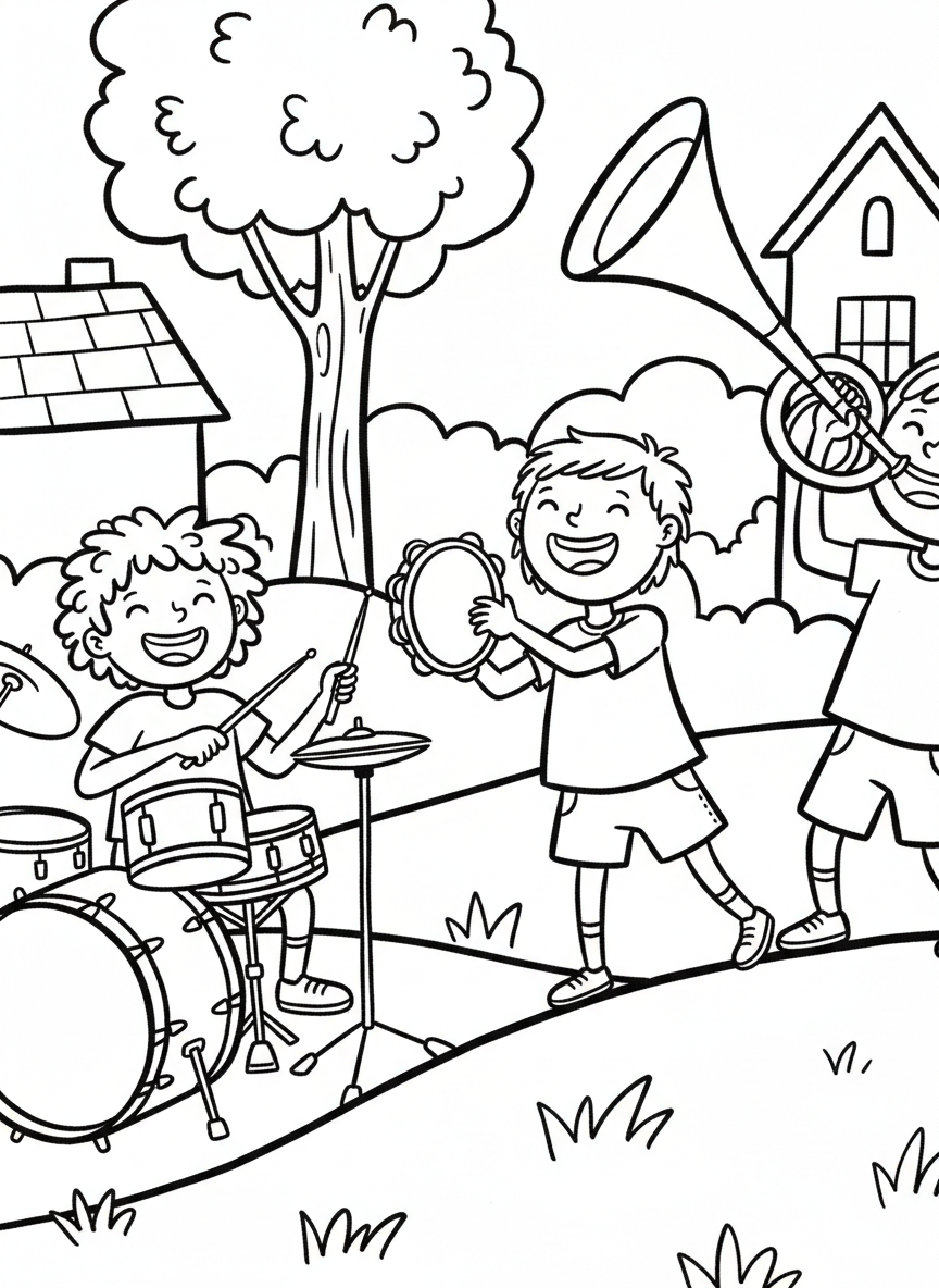 Children playing musical instruments together in a band - drums, tambourine, and horn, joyful performance scene