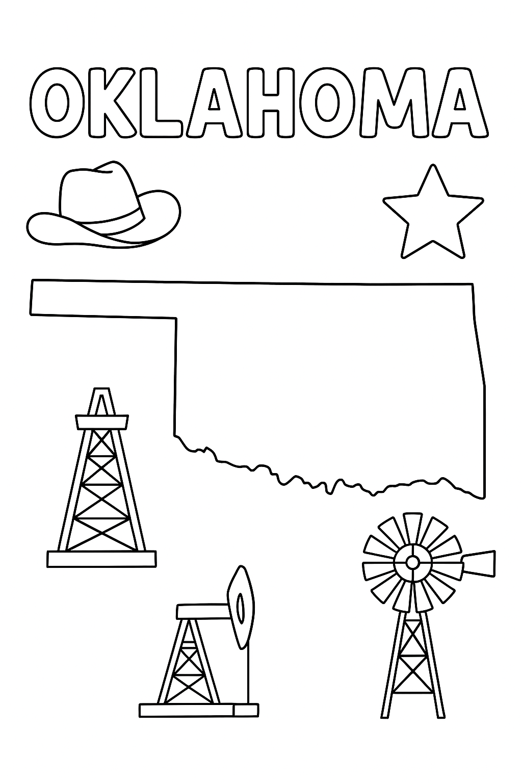 Write “Oklahoma” once at the top in outlined letters. Draw a large, centered state outline. Add one cowboy hat, one oil rig, one star, and one windmill icon in corners.