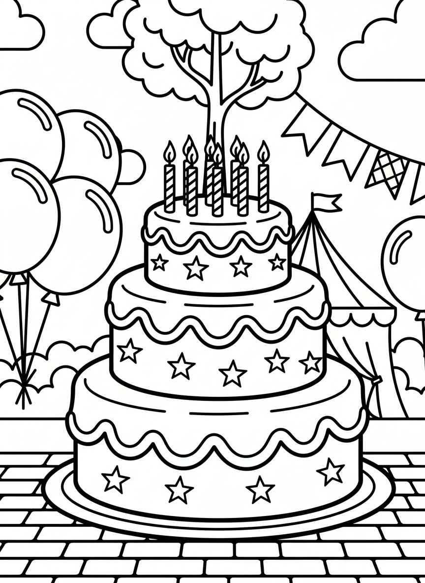 A birthday cake with three layers, decorated with frosting swirls, candles on top, and star decorations on the sides.