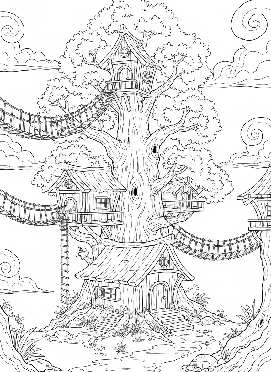 A treehouse village with three connected houses at different heights, linked by rope bridges and ladders.