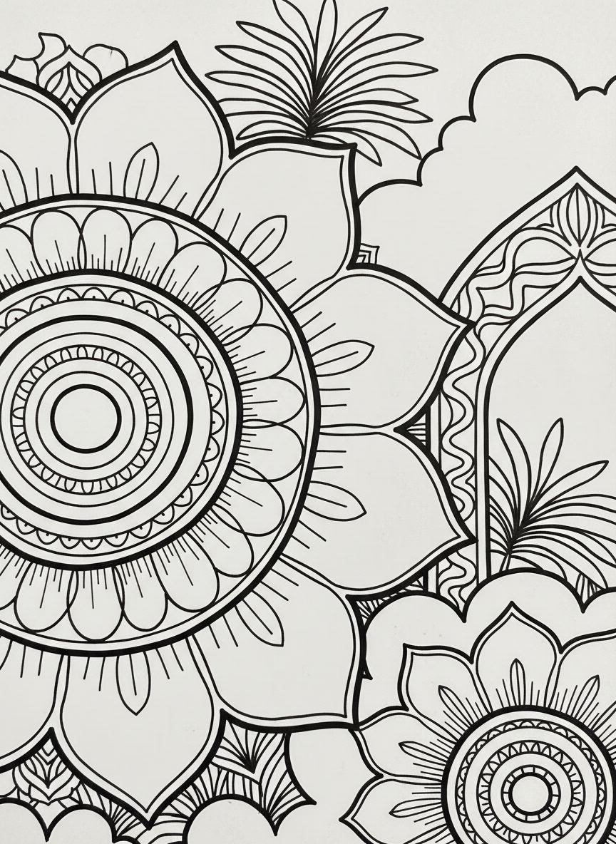 A basic mandala with oversized flower petals and circular centers layered in rings, very simple and bold