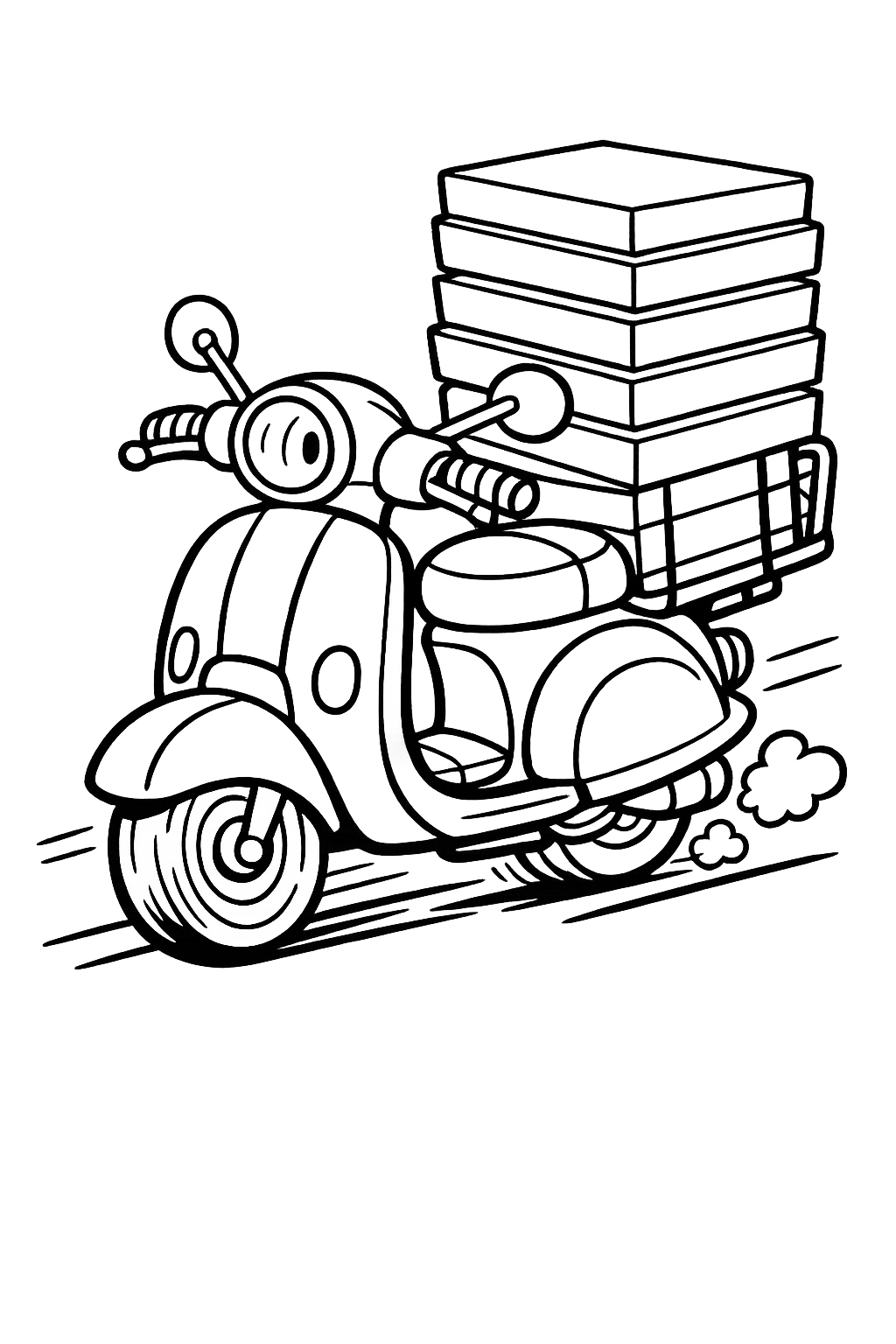 Delivery Scooter: A cute retro scooter with a stack of pizza boxes on the back, zooming down the road.