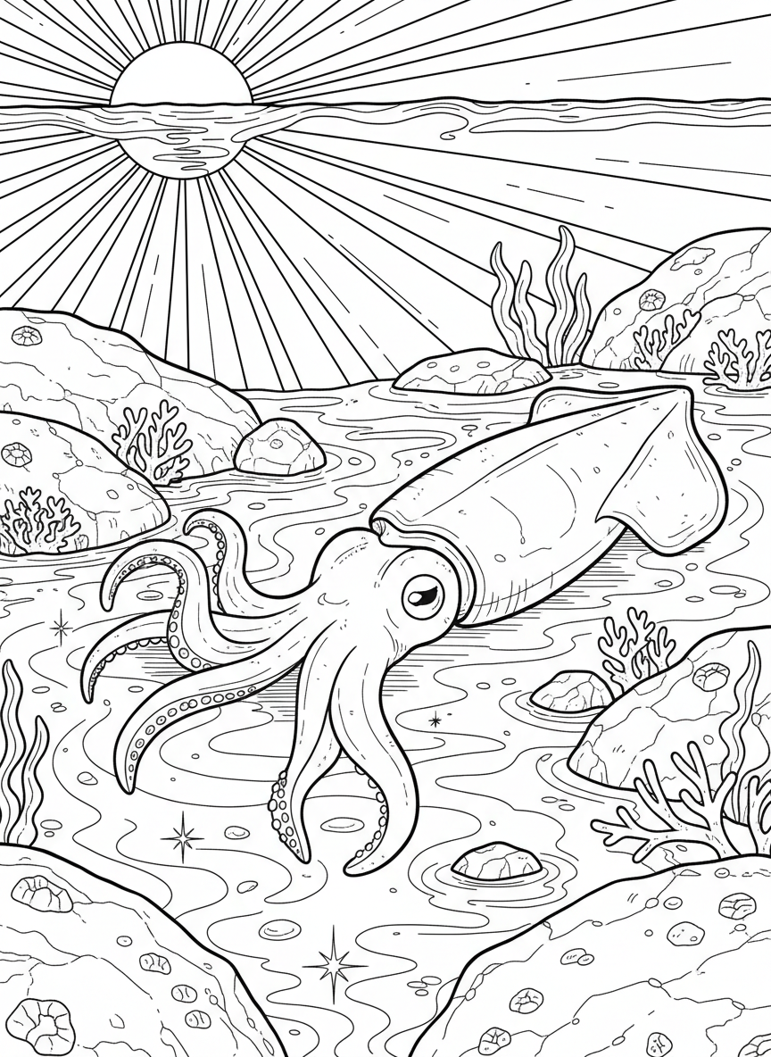 A squid at sunset in a tide pool with the sun's rays filtering through the water and reflecting off rocks