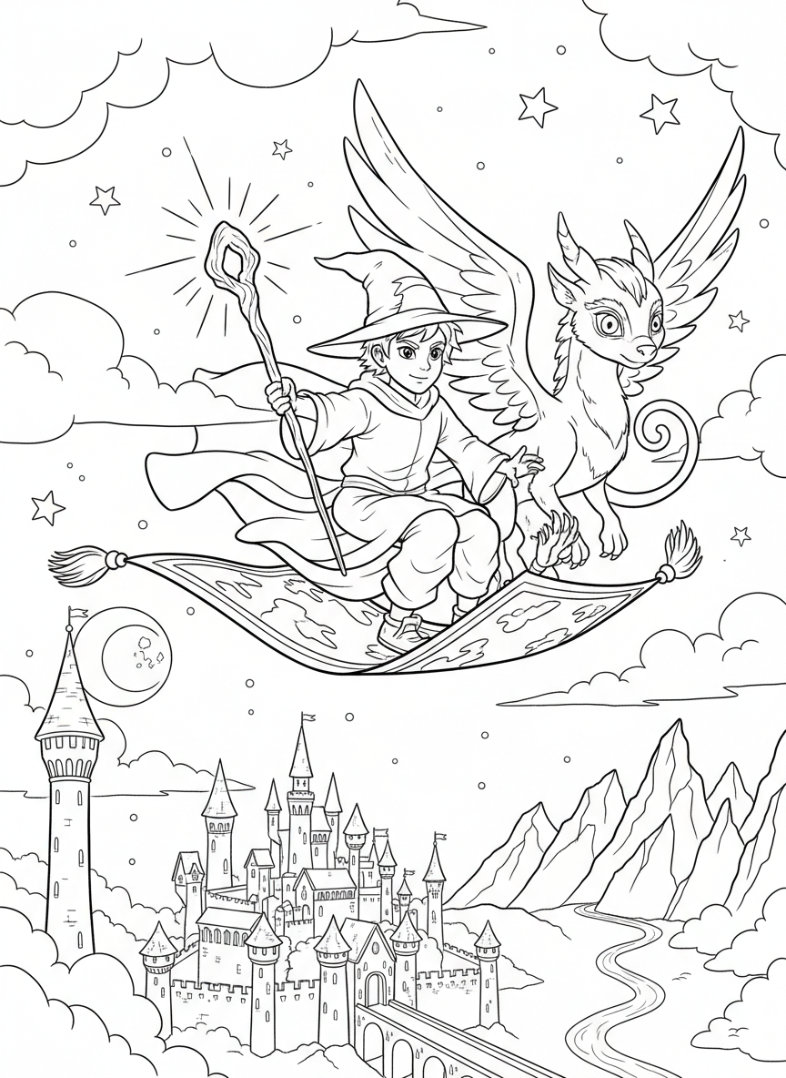 A young wizard riding on a flying carpet with a magic creature companion, soaring over a fantasy castle landscape.