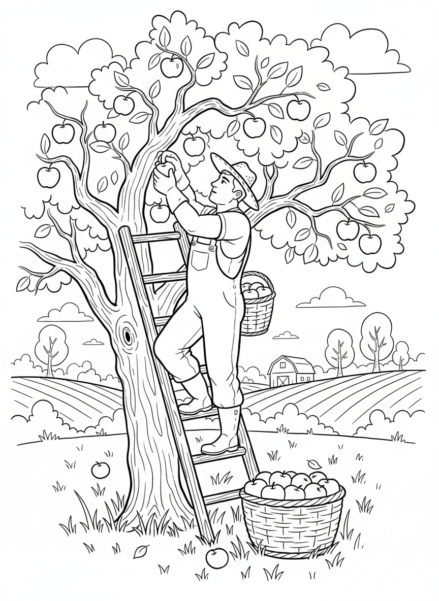 A farmer picking apples from a tree using a ladder, with a basket full of apples on the ground.