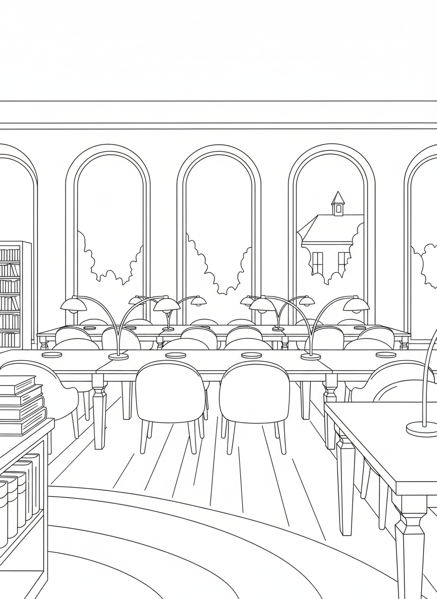 A grand library reading room with long tables, desk lamps, comfortable chairs, and arched windows letting in light.