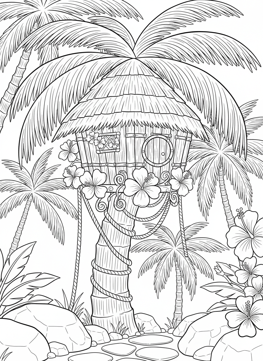 A Polynesian-style treehouse with bamboo walls, palm leaf roof, and tropical flowers growing around the entrance, set in a coconut palm tree.