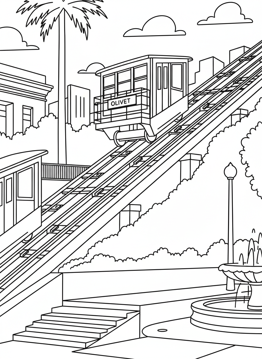 The Angels Flight railway funicular car climbing the hillside tracks in downtown Los Angeles