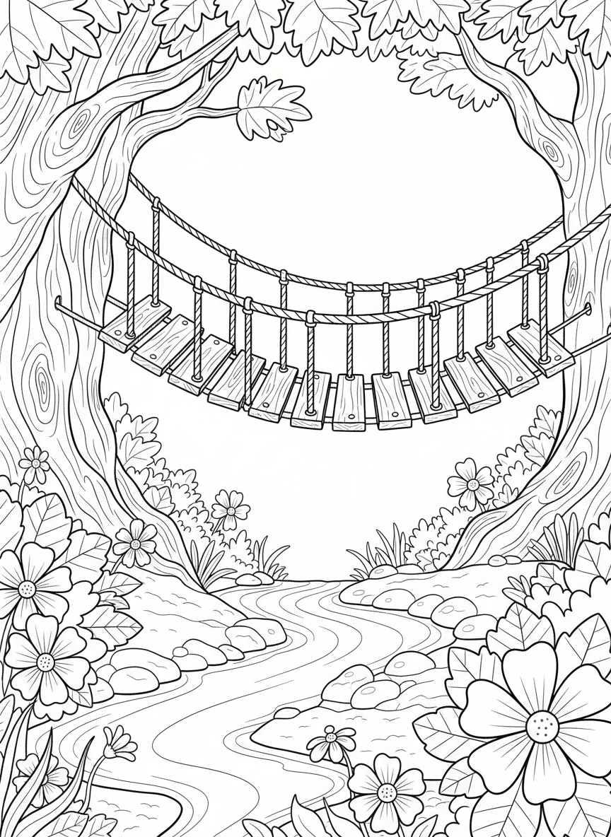 A rope bridge swaying between two tall trees over a gentle stream below, with flowers and bushes on the forest floor.