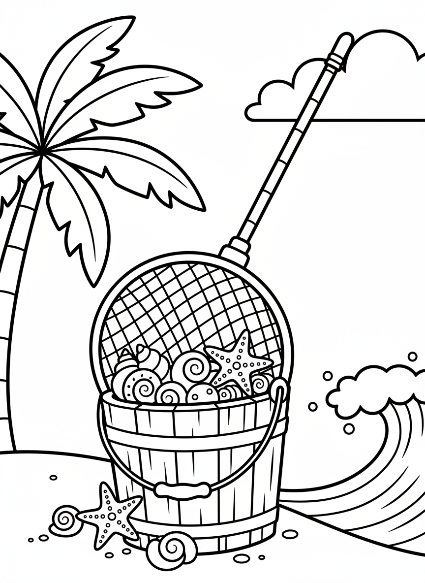 A small fishing net with a long handle resting against a bucket filled with seashells and starfish, simple line art for young children.