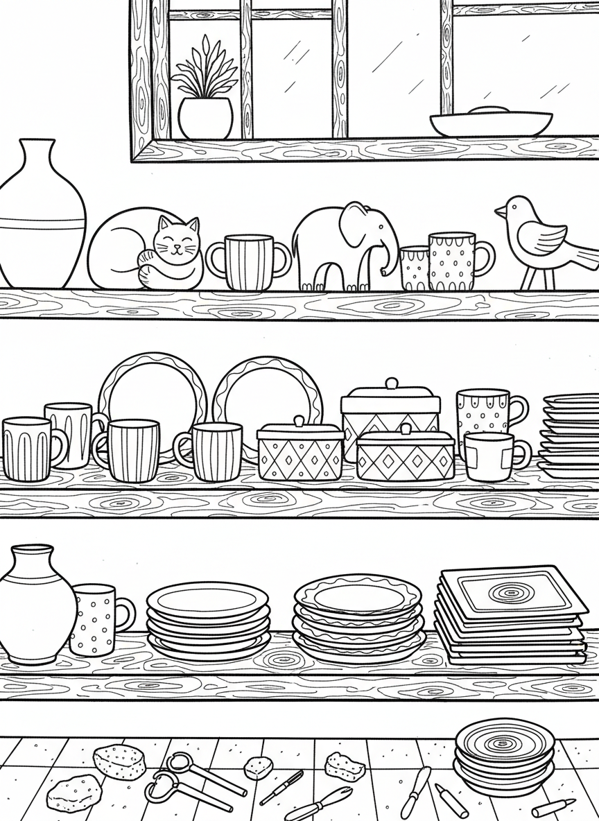 A pottery studio shelf displaying various unpainted ceramic shapes: cups, plates, animals, and boxes ready to be decorated.