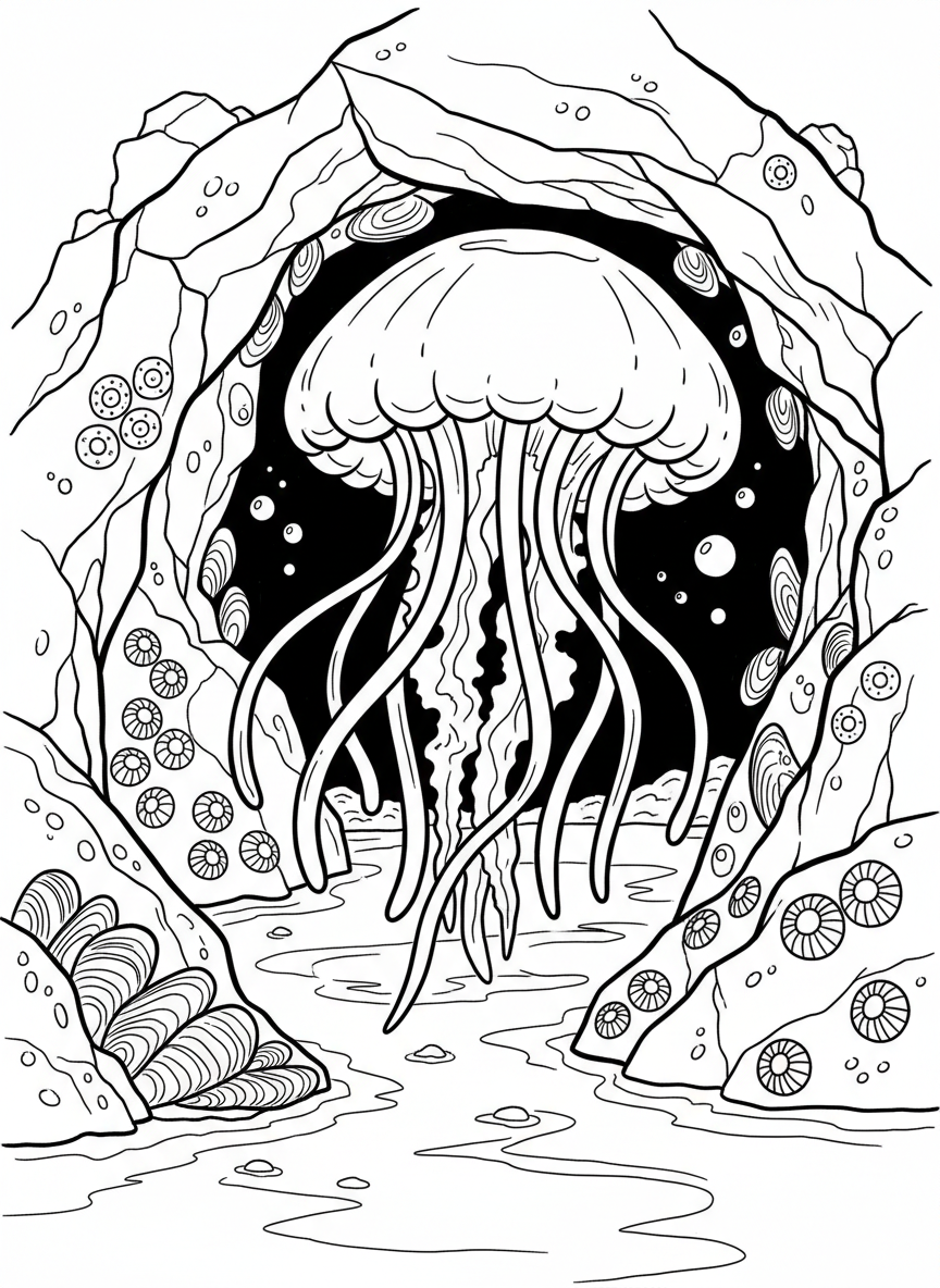 A curious jellyfish exploring a tide pool cave entrance, with tentacles reaching forward, surrounded by barnacles and mussels on the rocks.