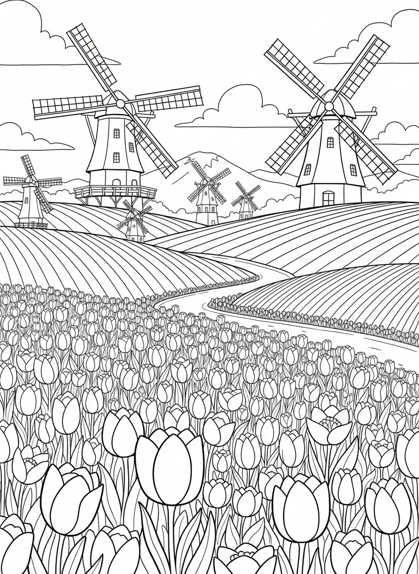 A colorful tulip garden in the foreground with multiple windmills of different sizes scattered across the rolling countryside behind.