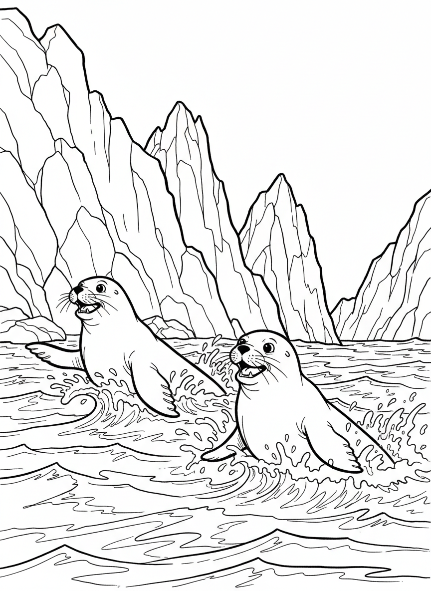 Two seals racing each other through the water near rocky cliffs, heads above water, competitive and fun.