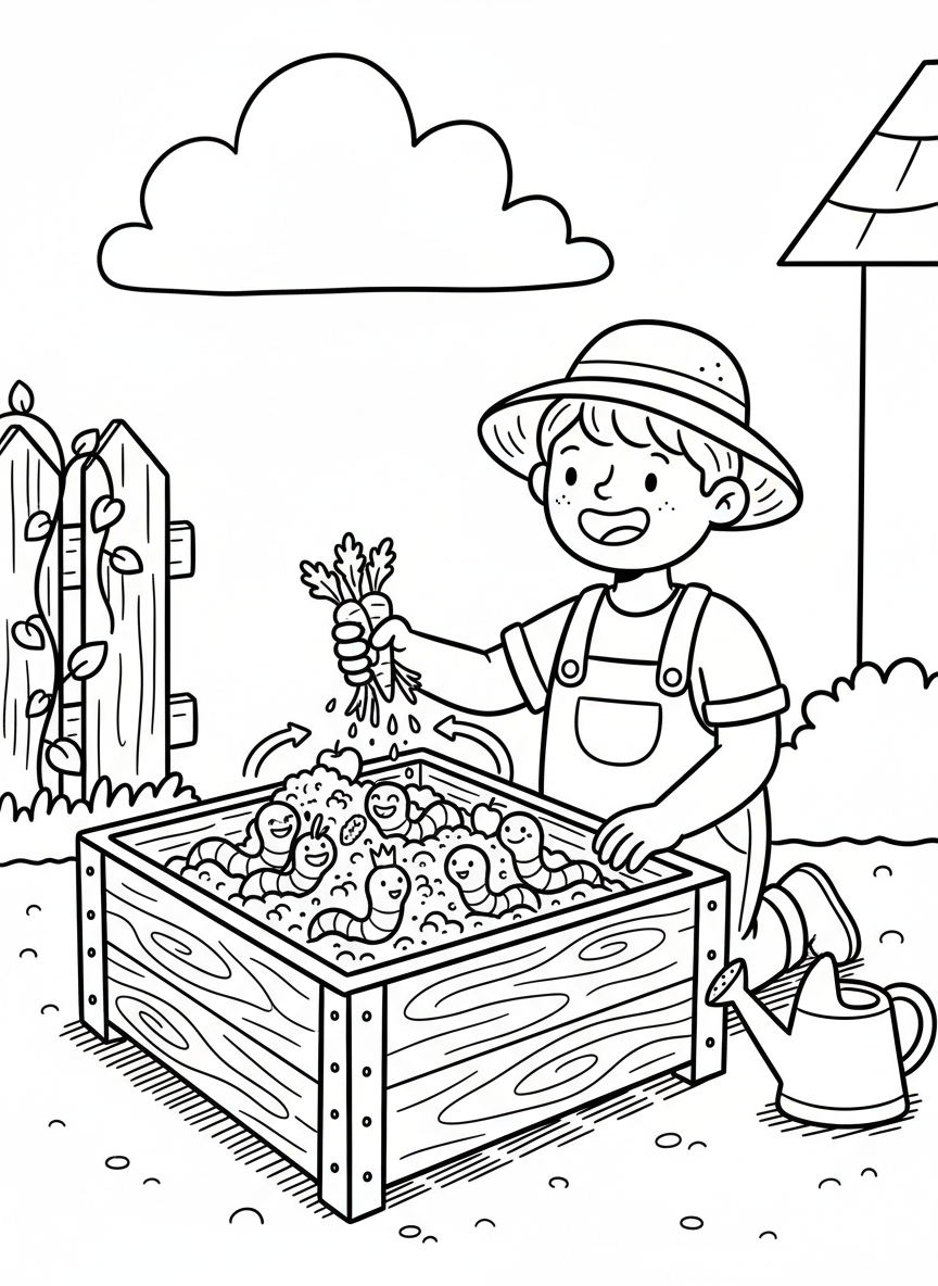 A child feeding vegetable scraps to a worm composting bin, with happy cartoon worms visible, teaching about decomposition and soil health.