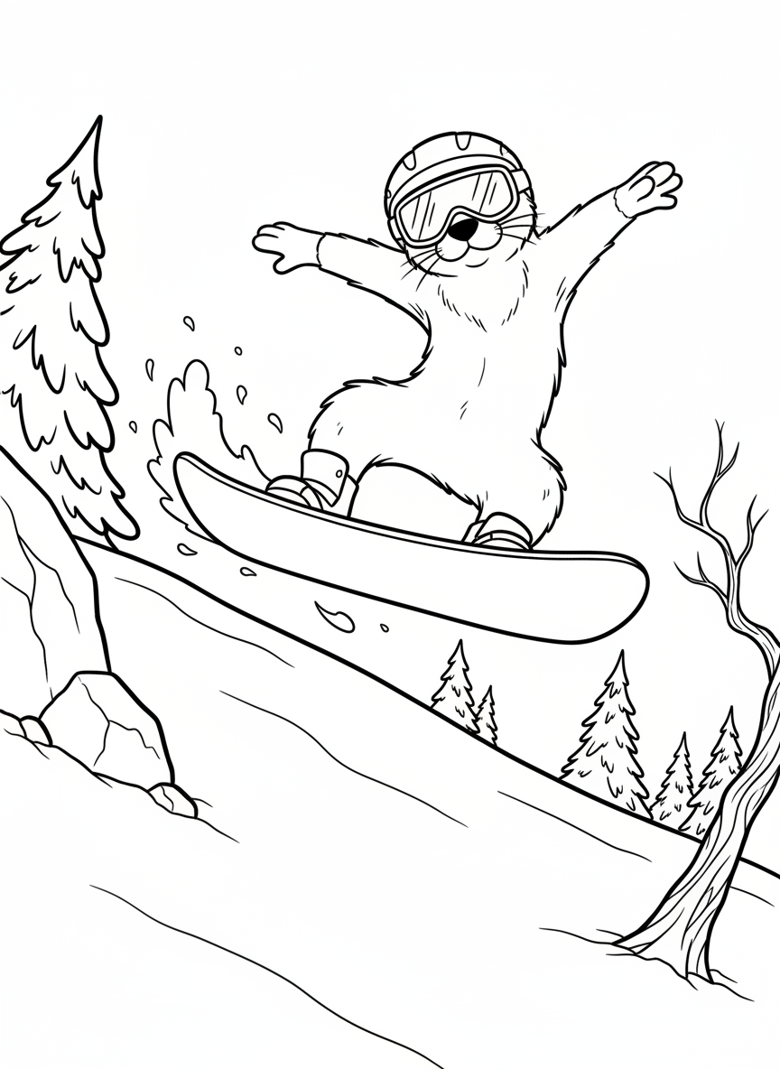 A playful otter in goggles sliding down a snowy slope on a snowboard, doing a trick with arms out for balance.