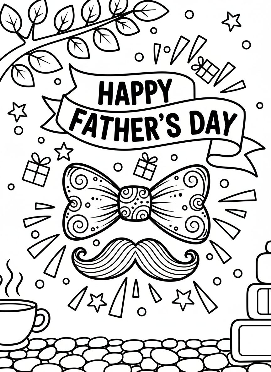 A bow tie and mustache design with 'HAPPY FATHER'S DAY' text banner above, simple and fun composition.