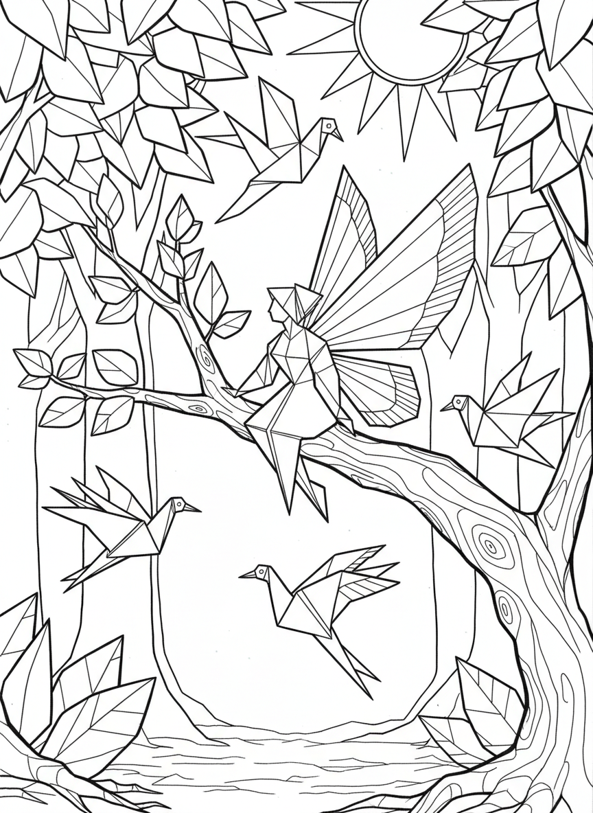 An origami fairy with elaborate multi-layered wings perched on a tree branch, surrounded by origami birds and leaves