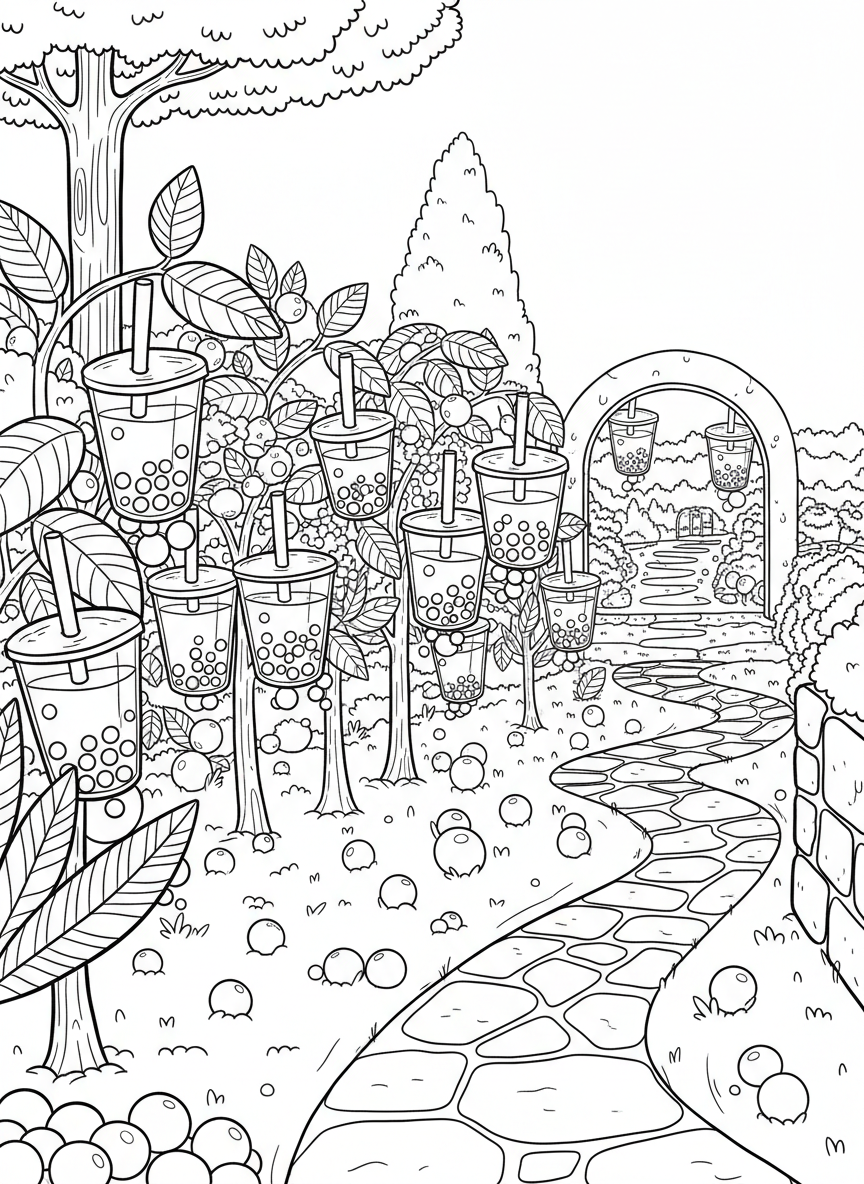 A bubble tea garden where drinks grow on plants like flowers, with boba pearls as seeds in the soil below