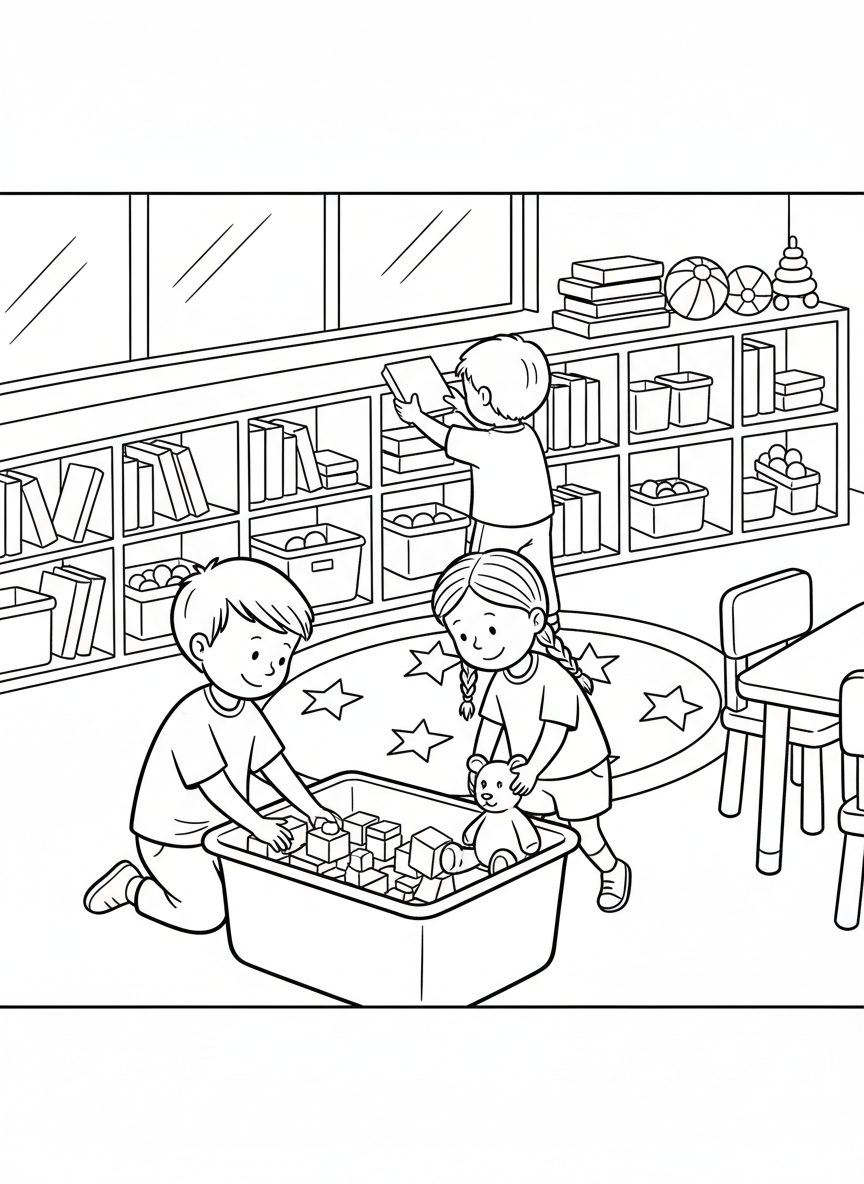 Children picking up toys and placing them into a bin, classroom shelves in background, organized environment, clear action, clean bold outlines, simple shapes, no text, no logos